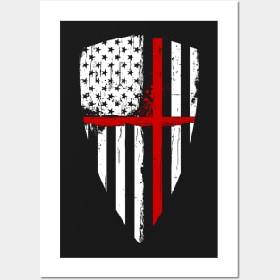 Red Line Crusader American Flag Shield Graphic Posters and Art